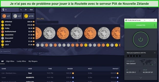 Capture d'écran de la roulette sur Roobet en cours de lecture sur le serveur néo-zélandais de PIA