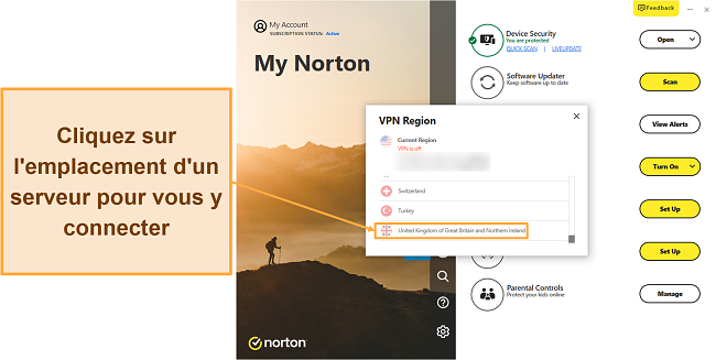 Capture d'écran montrant comment se connecter à l'un des serveurs VPN de Norton