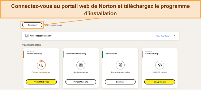Capture d'écran montrant comment télécharger la configuration de Norton