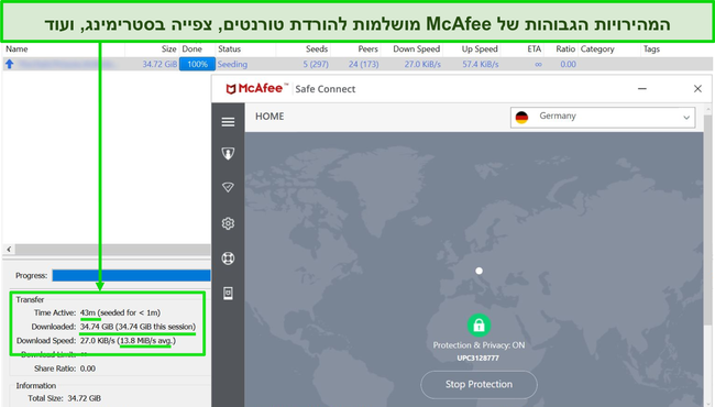 צילום מסך של McAfee VPN המחובר לשרת גרמני בזמן הורדת קובץ טורנט בגודל 35GB.