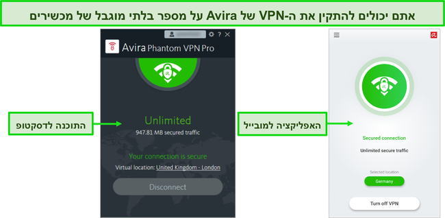 תמונת מסך של יישומי שולחן עבודה וניידים של Avira Phantom VPN.
