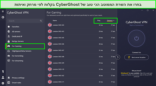 צילום מסך של שרתי המשחקים הייעודיים של CyberGhost עם אפשרויות מיון פינג ומרחק מודגשות.