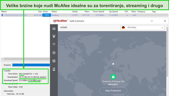 Snimka zaslona McAfee VPN-a povezanog s njemačkim poslužiteljem tijekom preuzimanja torrent datoteke od 35 GB.