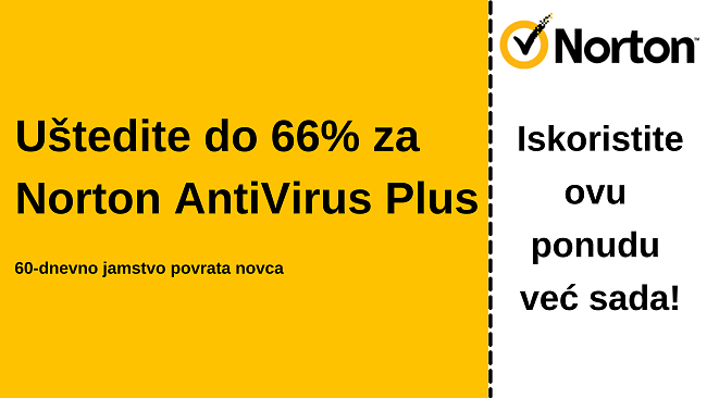 Norton antivirus Plus kupon za 66% popusta uz 60-dnevno jamstvo povrata novca