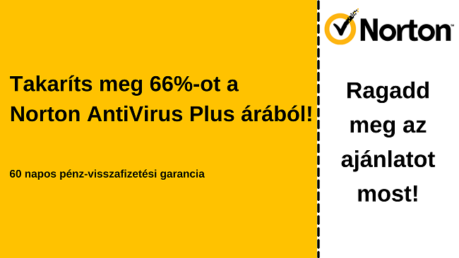 Norton Antivirus Plus kupon 66% kedvezménnyel, 60 napos pénz-visszafizetési garanciával