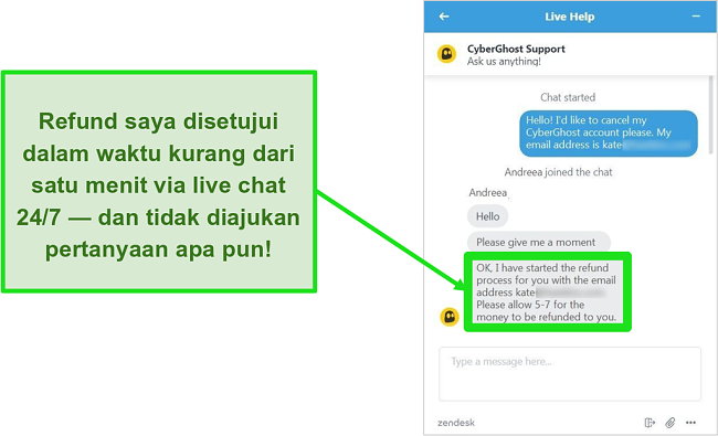 Tangkapan layar pengguna yang berhasil meminta pengembalian dana dari CyberGhost melalui obrolan langsung dengan jaminan uang kembali 30 hari