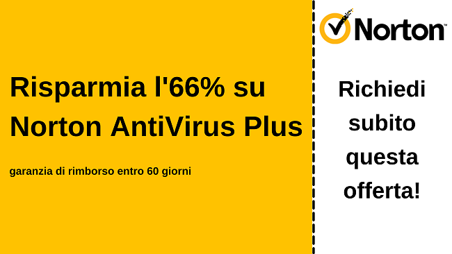 Coupon antivirus Norton Antivirus Plus per il 66% di sconto con una garanzia di rimborso di 60 giorni