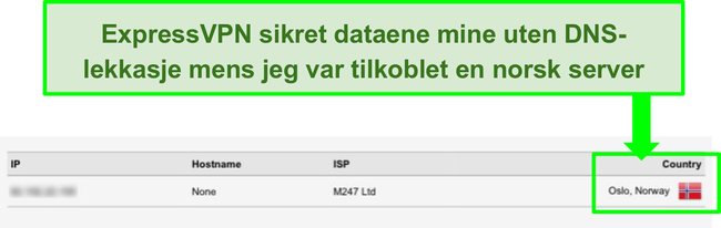 Skjermbilde av ExpressVPN DNS lekkasjetestresultater når den er koblet til norsk server