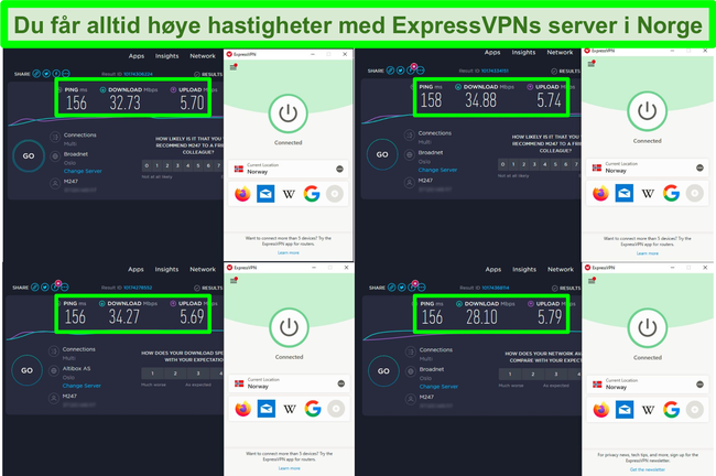 Skjermbilde av 4 hastighetstester mens ExpressVPN er koblet til en server i Norge