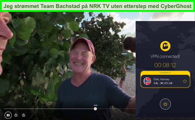 Skjermbilde av Team Bachstad som streamer på NRK TV med CyberGhost tilkoblet