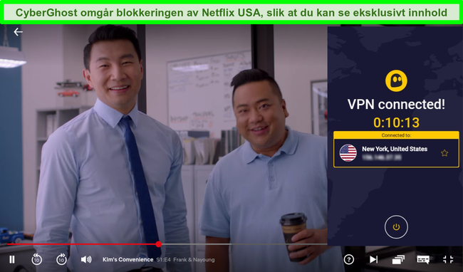 Skjermbilde av Kim's Convenience streaming på Netflix med CyberGhost koblet til en New York-server