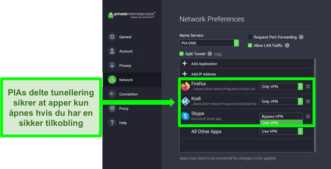Skjermbilde av PIAs skjerm for nettverksinnstillinger med delt tunnelfilter aktivert