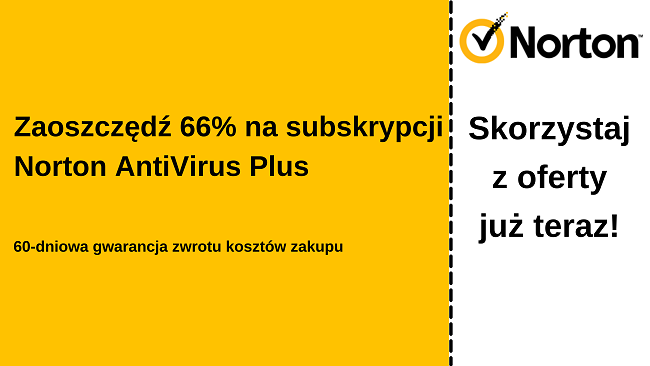 Kupon na oprogramowanie antywirusowe Norton AntiVirus zniżką 66% z 60-dniową gwarancją zwrotu pieniędzy