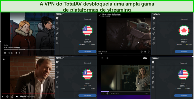 Captura de tela do Total AV VPN desbloqueando Hulu, Disney +, Netflix e HBO Max.