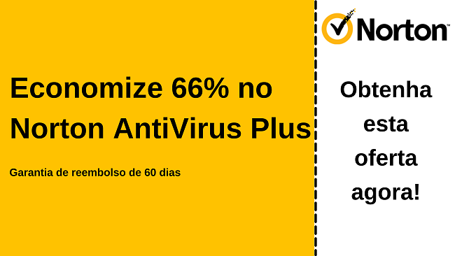 Cupom do antivírus Norton AntiVirus Plus com 66% de desconto com garantia de devolução do dinheiro em 60 dias