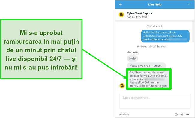 Captură de ecran a unui utilizator care a solicitat cu succes o rambursare de la CyberGhost prin chat live cu garanția de 30 de zile de returnare a banilor