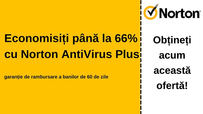 Cupon antivirus Norton Antivirus Plus cu o reducere de 66% cu o garanție de 60 de zile pentru returnarea banilor