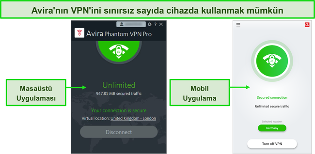 Avira Phantom VPN masaüstü ve mobil uygulamalarının ekran görüntüsü.