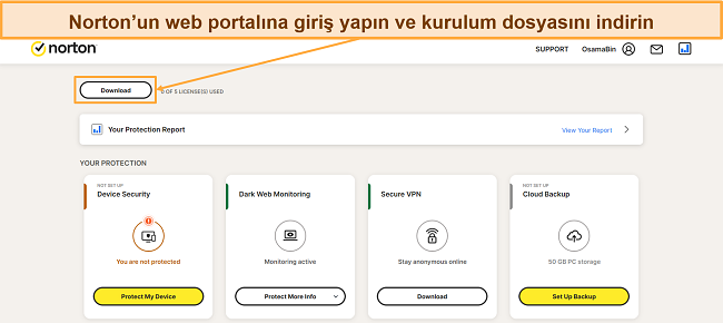 Norton kurulumunu nasıl indireceğinizi gösteren ekran görüntüsü