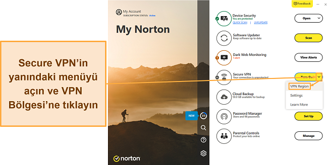Norton'un VPN sunucu listesine nasıl erişileceğini gösteren ekran görüntüsü