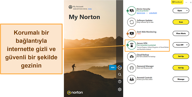 Norton'un VPN'inin başarıyla bağlandığını gösteren ekran görüntüsü