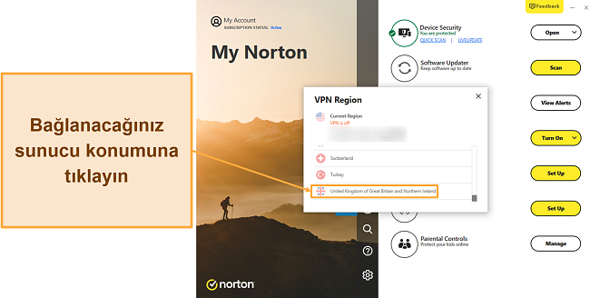 Norton'un VPN sunucularından birine nasıl bağlanılacağını gösteren ekran görüntüsü