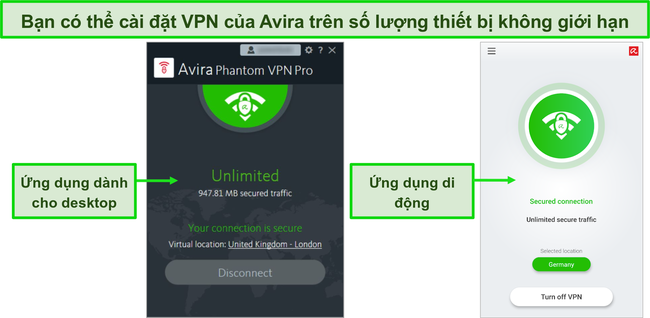 Ảnh chụp màn hình của Avira Phantom VPN dành cho máy tính để bàn và ứng dụng di động.