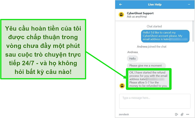 Ảnh chụp màn hình của một người dùng yêu cầu hoàn tiền thành công từ CyberGhost qua trò chuyện trực tiếp với đảm bảo hoàn tiền trong 30 ngày