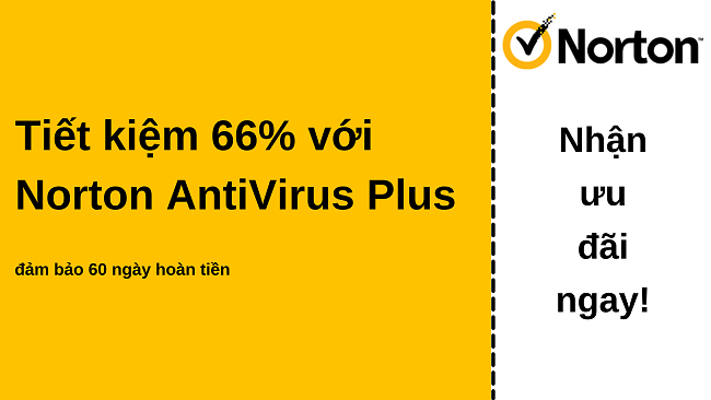 Phiếu giảm giá chống vi-rút Norton AntiVirus Plus giảm giá 66% với bảo đảm hoàn tiền trong 60 ngày