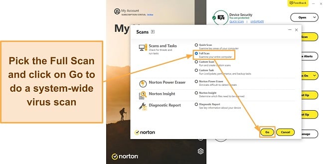 Screenshot showing how to start Norton's Full Scan