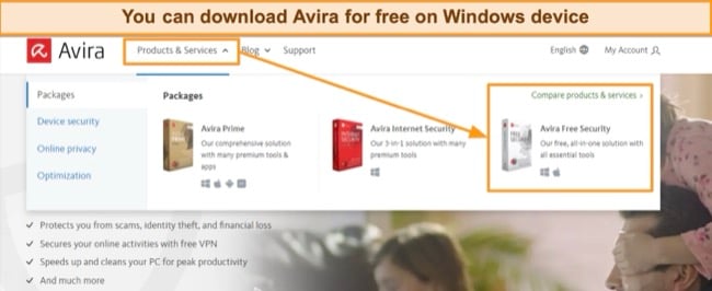 Screenshot of Avira download navigation on Avira's webpage