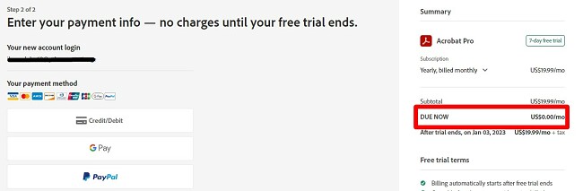 Acrobat Free trial no billing