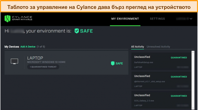 Екранна снимка на уеб базираното табло на Cylance, показващо текущото ниво на безопасност на свързаните устройства и кои заплахи са открити.