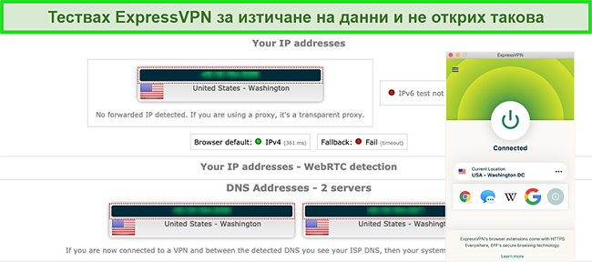 Екранна снимка на ExpressVPN успешно преминал IP, WebRTC и тест за изтичане на DNS, докато е свързан към сървър в САЩ