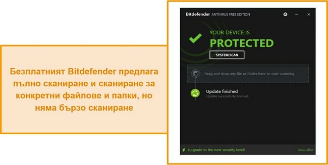 Екранна снимка на безплатно антивирусно табло за управление на Bitdefender.