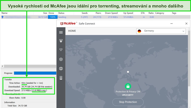 Screenshot McAfee VPN připojeného k německému serveru při stahování torrentového souboru 35 GB.
