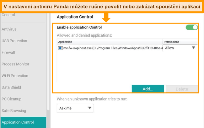 Screenshot konfiguračního menu Panda's Application Control.