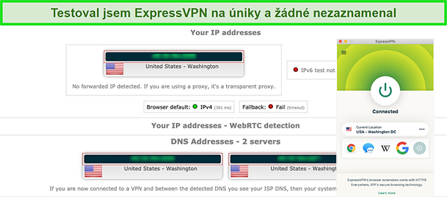 Snímek obrazovky s protokolem ExpressVPN úspěšně předával test úniku IP, WebRTC a DNS při připojení k serveru v USA