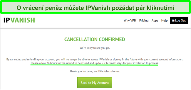Snímek obrazovky uživatele úspěšně žádajícího o vrácení peněz od IPVanish prostřednictvím živého chatu s 30denní zárukou vrácení peněz