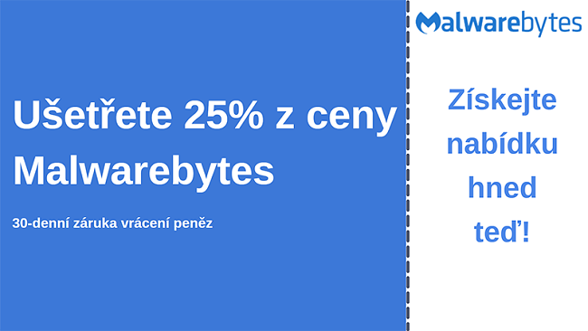 Antivirový kupón Malwarebytes s 25% slevou a 30denní zárukou vrácení peněz
