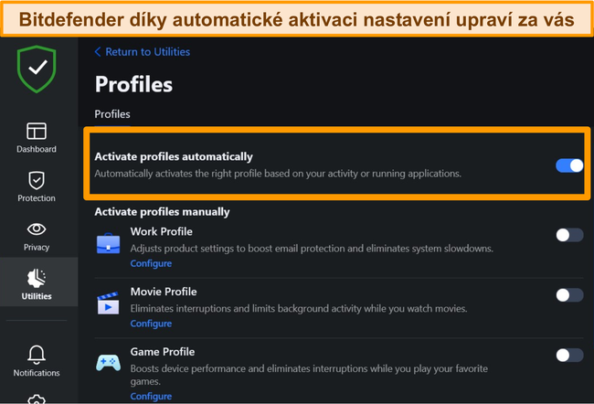 Screenshot nastavení Bitdefender's Profiles se zvýrazněnou automatickou aktivací.