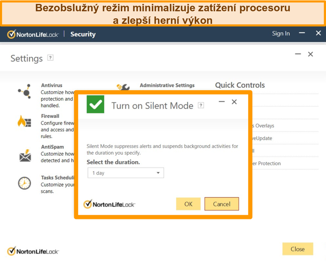 Screenshot zapnutého tichého režimu Norton.