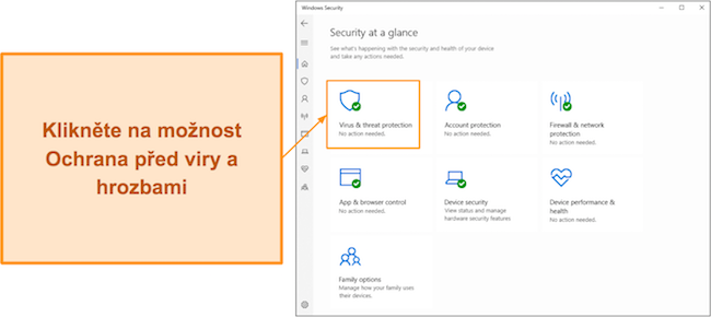 Snímek obrazovky ukazující, jak otevřít nabídku ochrany před viry a hrozbami v programu Microsoft Defender