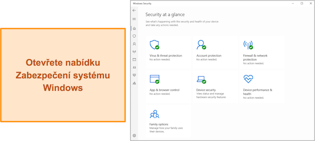 Snímek obrazovky hlavní nabídky Zabezpečení systému Windows