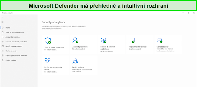 Snímek obrazovky hlavní nabídky programu Microsoft Defender