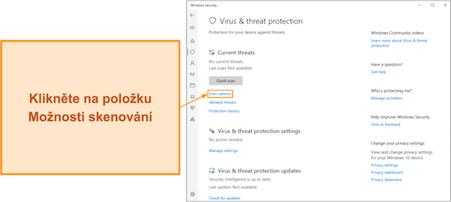 Snímek obrazovky ukazující, jak získat přístup k možnostem skenování v programu Microsoft Defender