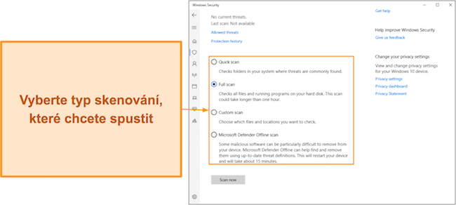Snímek obrazovky různých dostupných typů skenování v programu Microsoft Defender