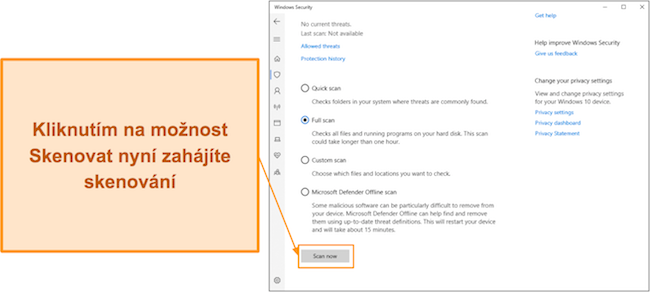 Snímek obrazovky ukazující, jak spustit skenování pomocí programu Microsoft Defender