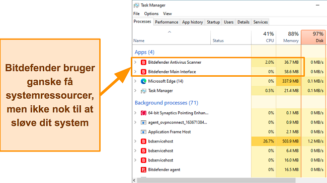 Skærmbillede, der viser Bitdefenders systemressourceudnyttelse