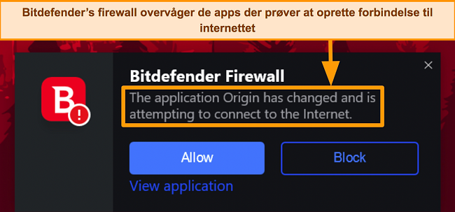 Skærmbillede af Bitdefenders firewall-forbindelsesanmodning